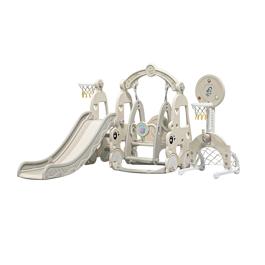 Station de Jeu Multi-Activités 6-en-1 – Toboggan, Balançoire Musicale, Basket & Foot
